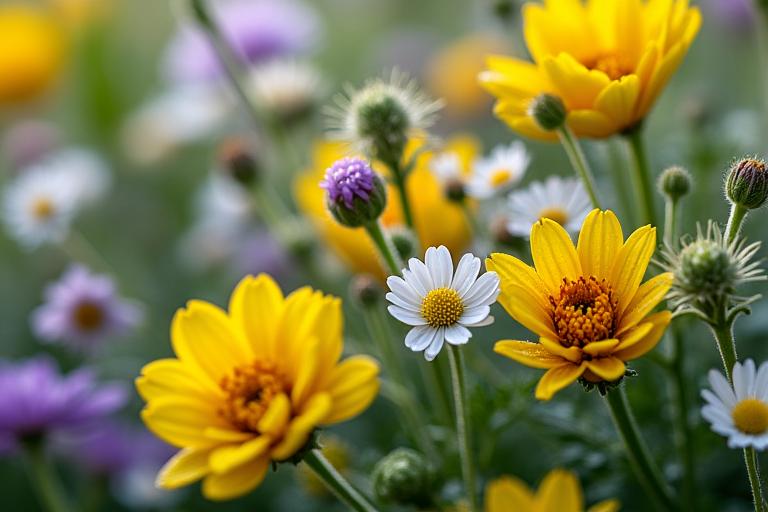 Dettaglio di fiori selvatici e erbe aromatiche siciliane raccolti a mano.