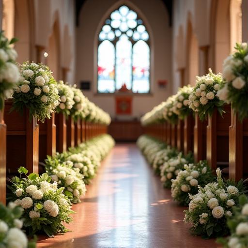 Allestimento floreale lungo la navata di una chiesa per un matrimonio.