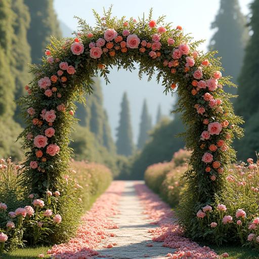 Un arco nuziale riccamente decorato con fiori di campo e rose per una cerimonia all'aperto.