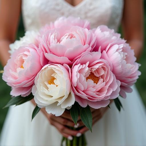 Splendido bouquet da sposa con peonie rosa e bianche.