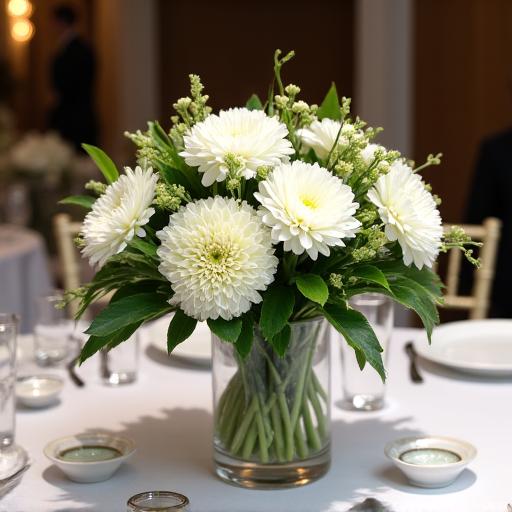 Elegante centrotavola per un evento aziendale, con fiori bianchi e verdi.