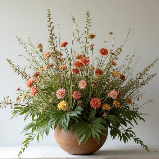 Composizione floreale in stile 'wild' con diverse texture e altezze.