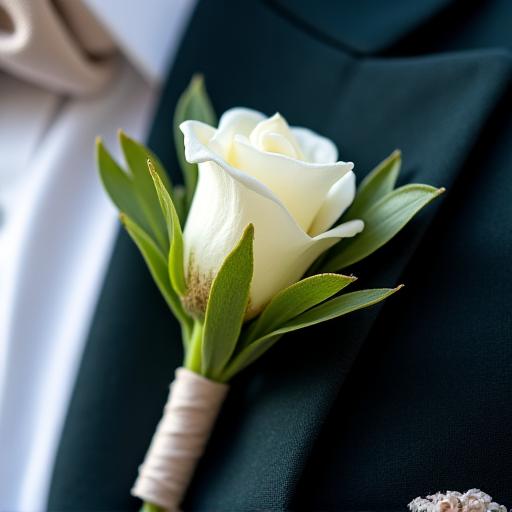 Dettaglio di un fiore all'occhiello (boutonnière) per lo sposo.