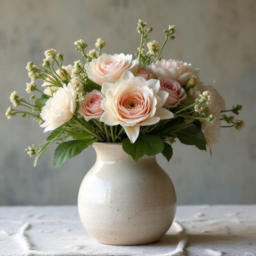 Romantica composizione floreale in un vaso di ceramica artigianale.
