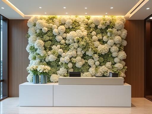 L'ingresso di un ufficio moderno con una grande e sobria composizione floreale sulla reception.